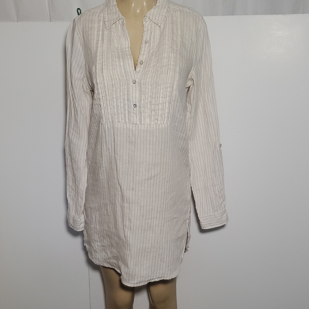Artisan NY 100% Linen tunic top size small Long sleeve striped Button